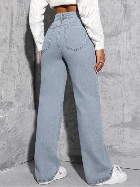 female High Waist Straight Fit Jeans for Women Cotton Lycra Stretchable Wide Leg Denim bottomwear