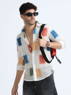 Croknit White and Blue Printed Crochet men's Shirt