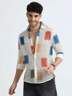 Croknit White and Blue Printed Crochet men's Shirt