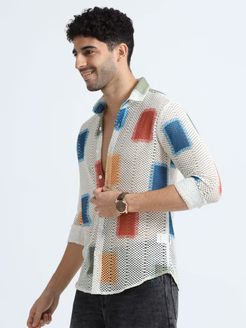 Croknit White and Blue Printed Crochet men's Shirt