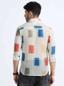 Croknit White and Blue Printed Crochet men's Shirt