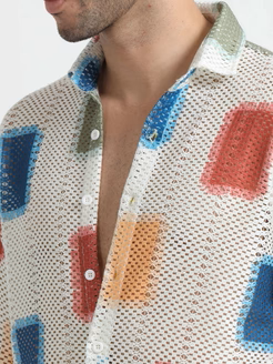 Croknit White and Blue Printed Crochet men's Shirt