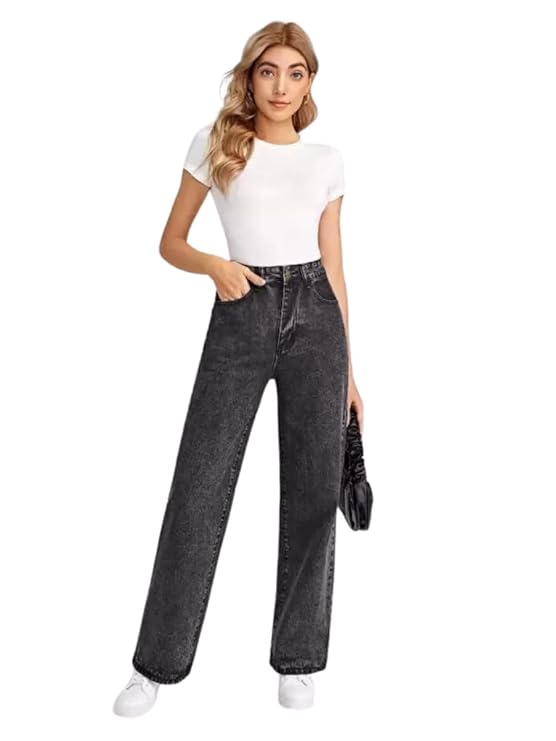 female High Waist Straight Fit Jeans for Women Cotton Lycra Stretchable Wide Leg Denim bottomwear