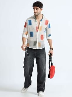 Croknit White and Blue Printed Crochet men's Shirt